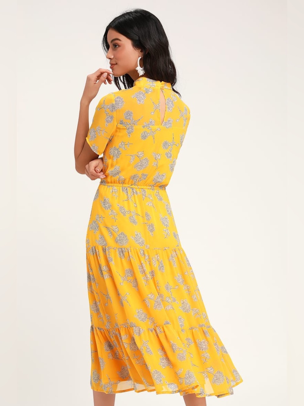 Lulus | Floral Dressed Up Mustard Yellow Floral Print Midi Dress, M - Picture 3 of 9